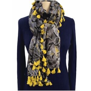 J Crew Abstract Gray Black Long Lightweight Scarf Yellow Fringe tiny flaw